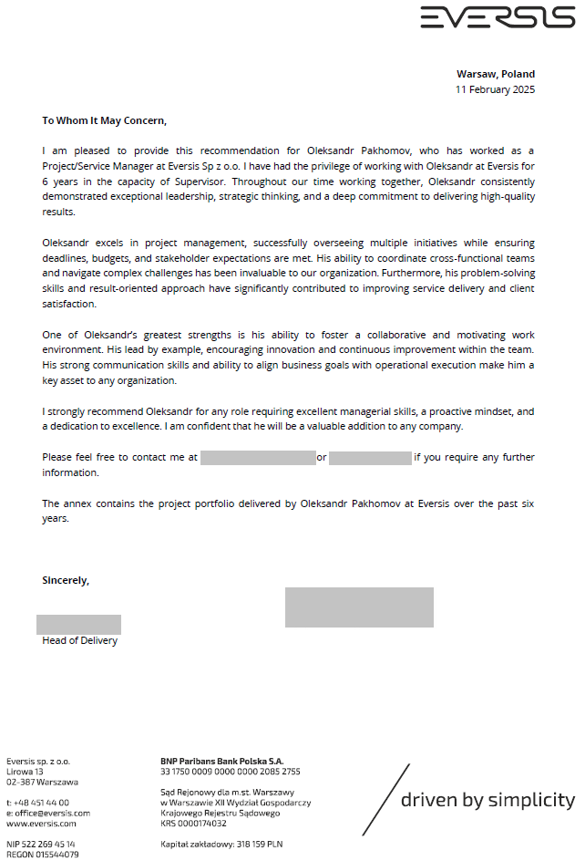 Eversis Head of Delivery Reference Letter