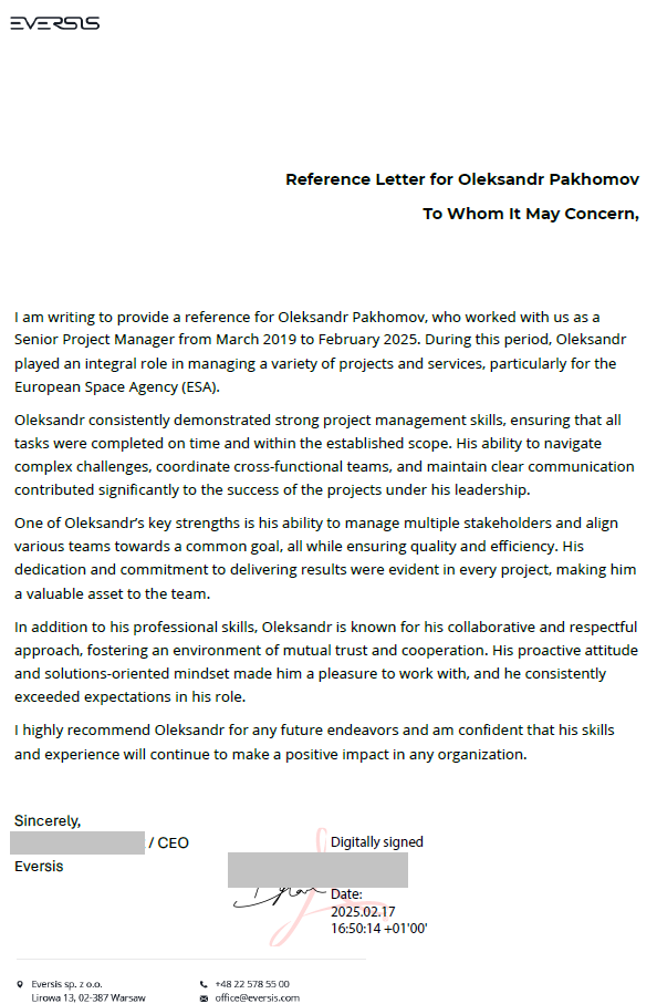 Eversis CEO Reference Letter